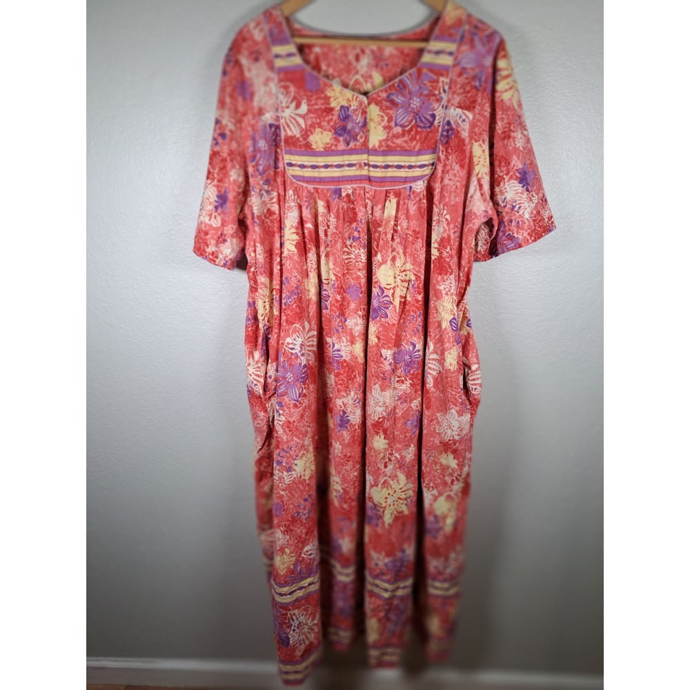 Vintage Floral Muumuu House Dress Coral Purple Tropical Lounger Maxi Pocket XL